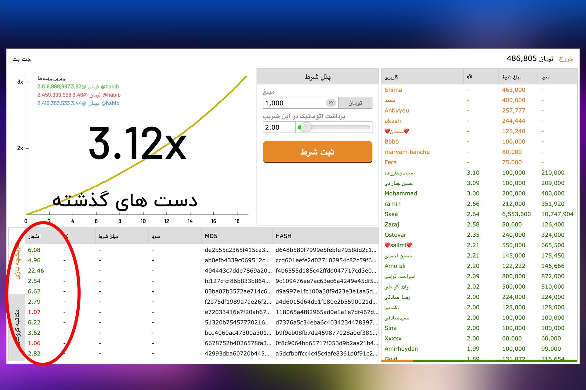 تاریخچه دست های گذشته بازی انفجار